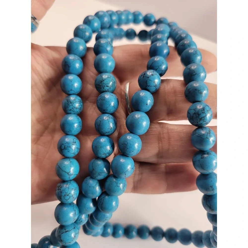 Blue Black Veined Round Bead Long Necklace Southwestern Boho Statement Jewelry